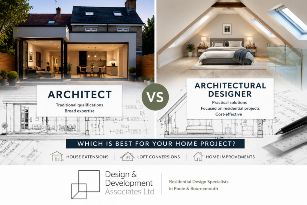 Comparison graphic showing an architect versus an architectural designer for home projects, highlighting differences for house extensions, loft conversions and home improvements.