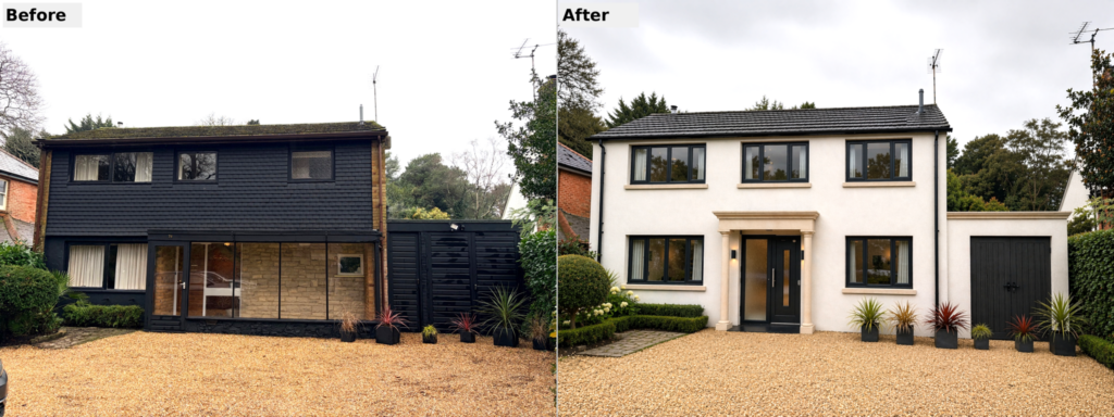 Before and after of a detached house exterior renovation, showing a black-clad property transformed into a modern white rendered home with new windows, entrance porch, garage door and landscaped front garden.