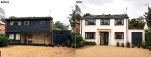 Before and after of a detached house exterior renovation, showing a black-clad property transformed into a modern white rendered home with new windows, entrance porch, garage door and landscaped front garden.