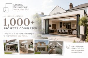 Development Associates celebrates completing over 1,000 projects, alongside photos of home extensions and interiors