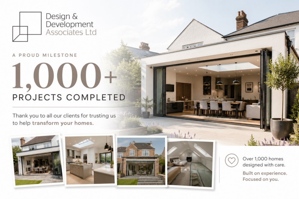 Development Associates celebrates completing over 1,000 projects, alongside photos of home extensions and interiors